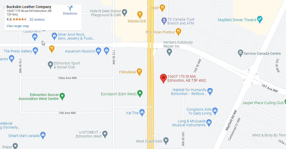 New Location - Buckskin Leather Company 10607 170 Street NW Edmonton AB T5P 4W2 Buckskin Leather Company 10607 170 Street NW Edmonton AB T5P 4W2 - Google Map